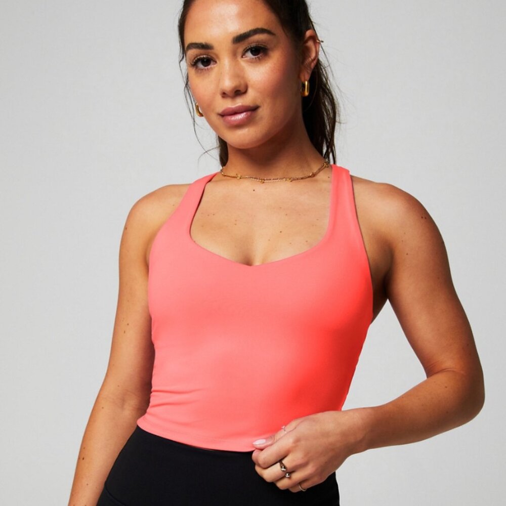 Fabletics Anywhere Cropped Built-In Bra Tank, Neon Coral, Size L, NWT